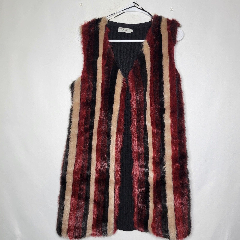 Maria Sole Faux Fur Retro Earthy Striped Knit Ribbed Cardigan Vest Womens Medium